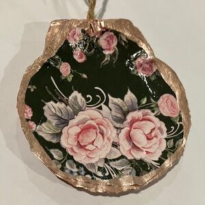 Handcrafted Shell Ornament Pink Floral Metallic Decoupage